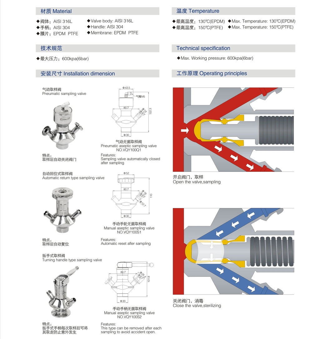 ISO90001 Donjoy Hygienic Stainless Steel Sampling Valve with Elliptic Type Handle